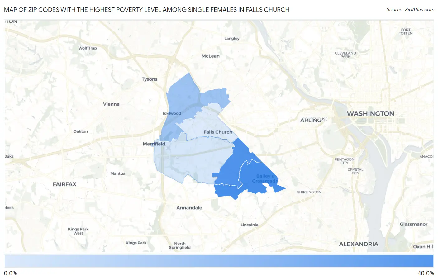 Zip Codes with the Highest Poverty Level Among Single Females in Falls Church Map