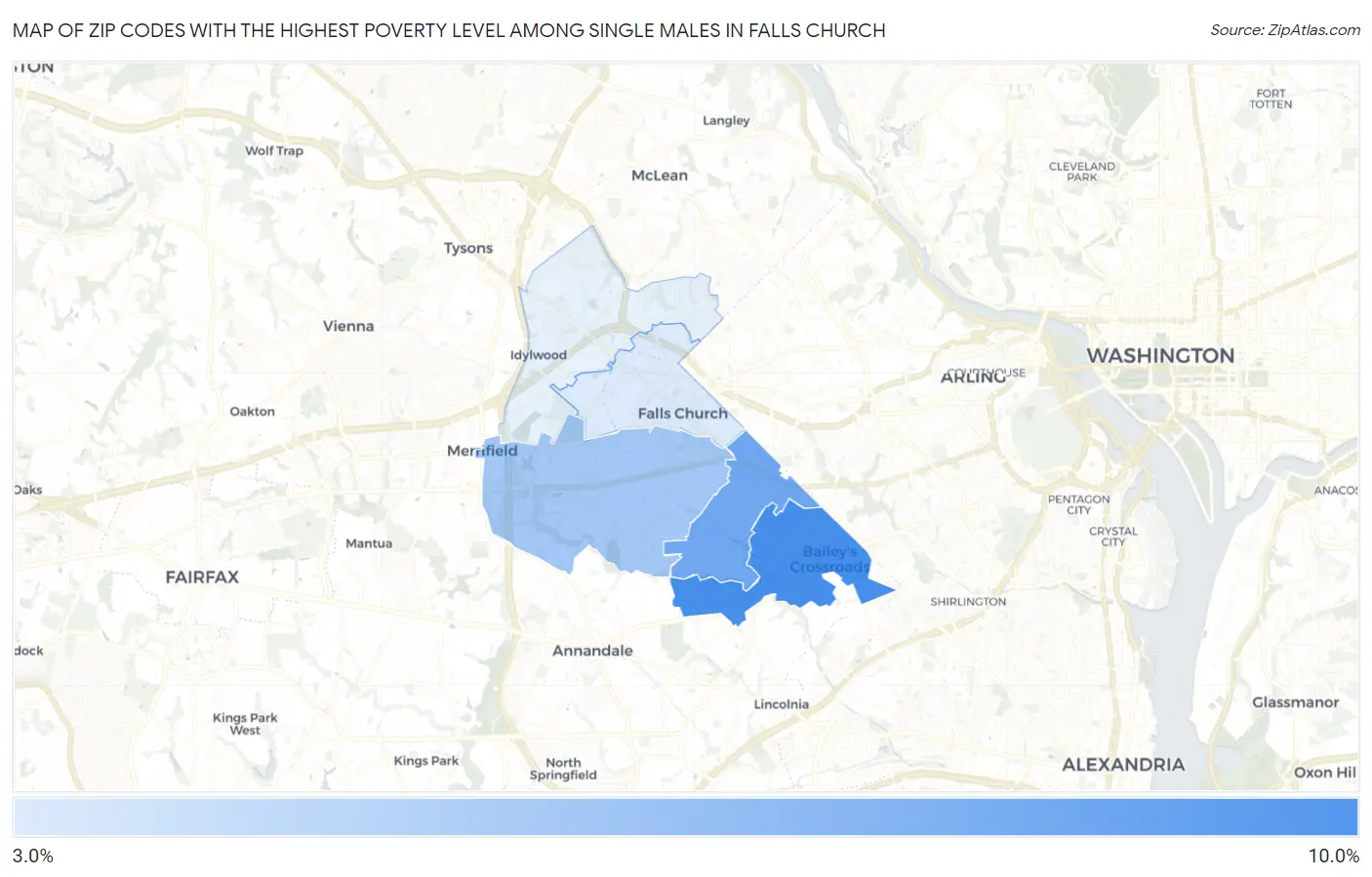 Zip Codes with the Highest Poverty Level Among Single Males in Falls Church Map
