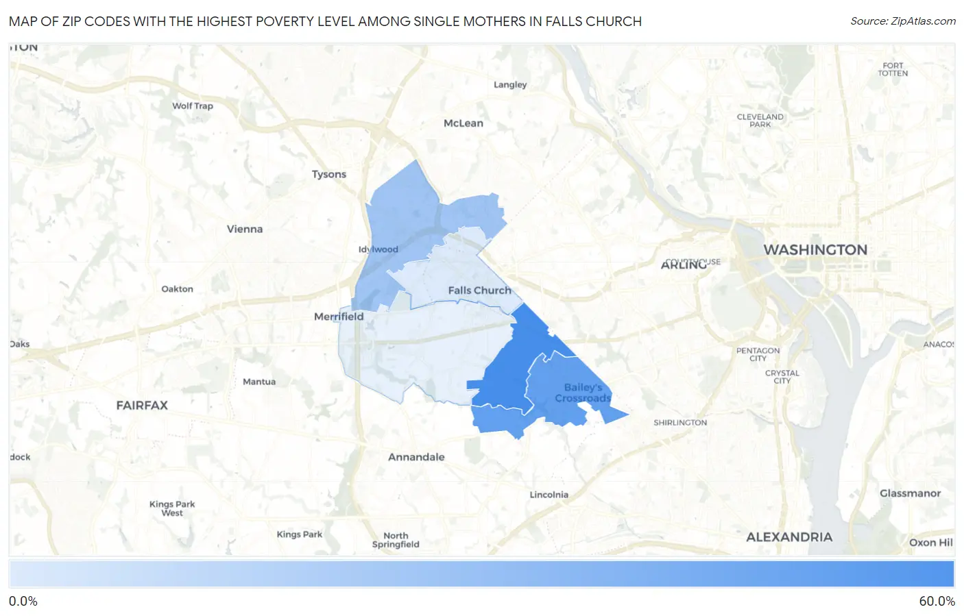 Zip Codes with the Highest Poverty Level Among Single Mothers in Falls Church Map