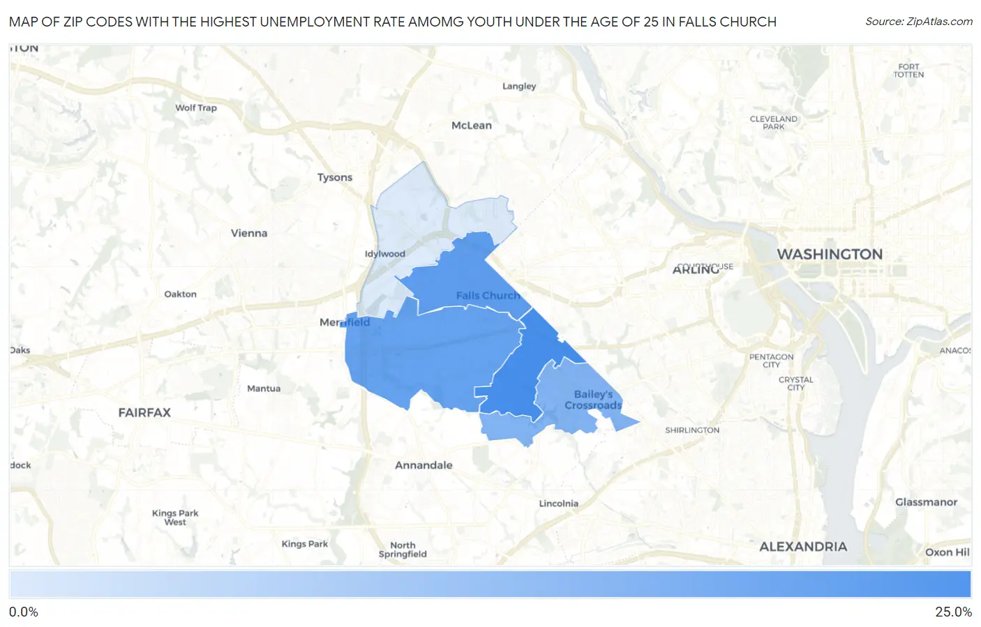 Zip Codes with the Highest Unemployment Rate Amomg Youth Under the Age of 25 in Falls Church Map