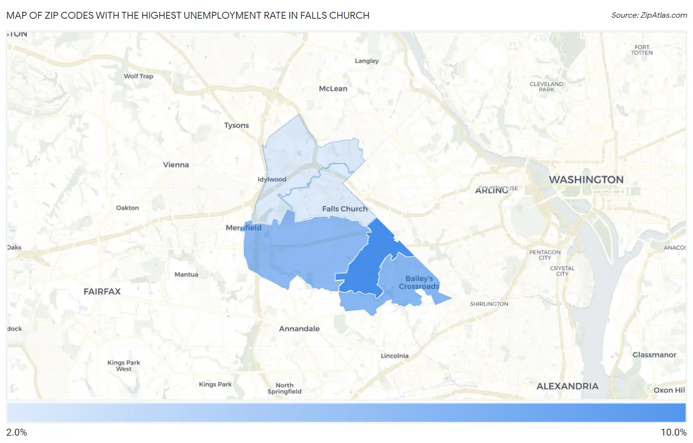 Zip Codes with the Highest Unemployment Rate in Falls Church Map