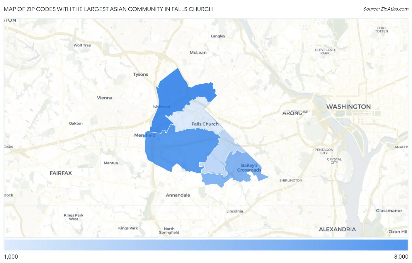 Zip Codes with the Largest Asian Community in Falls Church Map