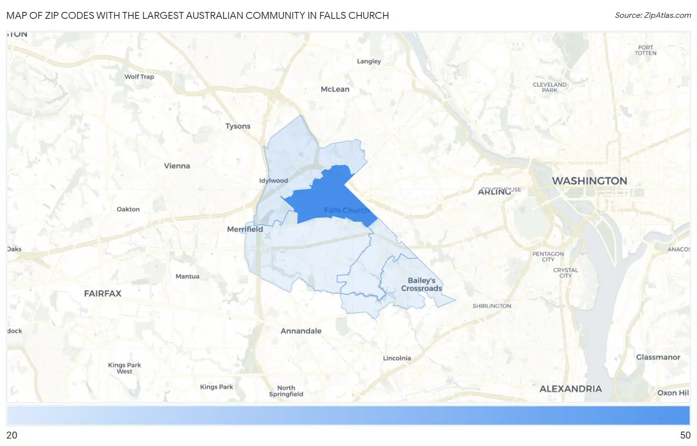 Zip Codes with the Largest Australian Community in Falls Church Map