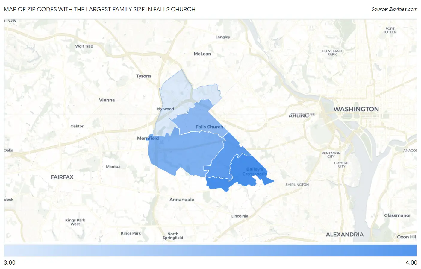Zip Codes with the Largest Family Size in Falls Church Map