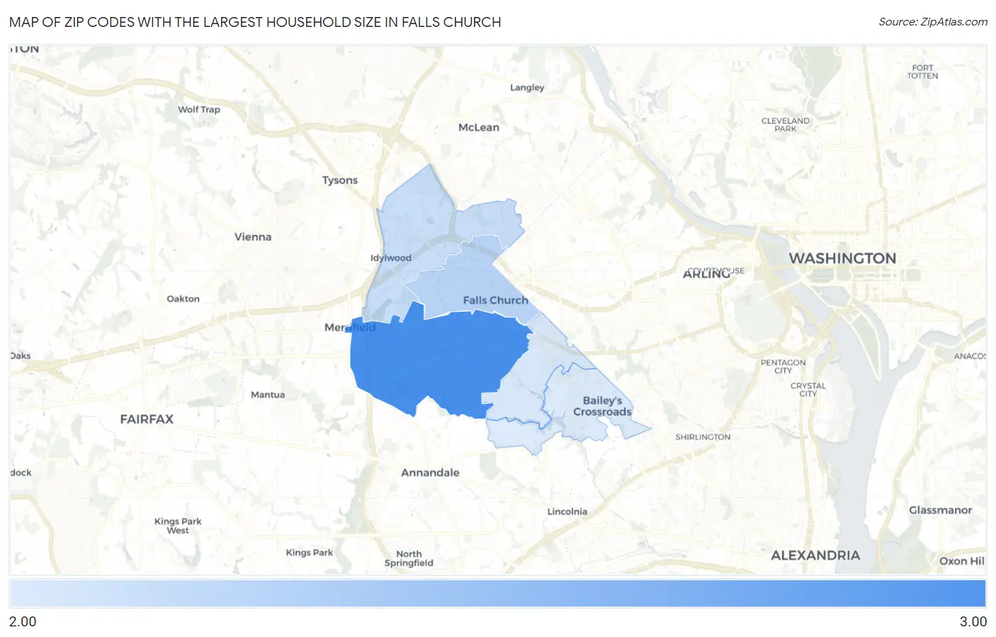 Zip Codes with the Largest Household Size in Falls Church Map
