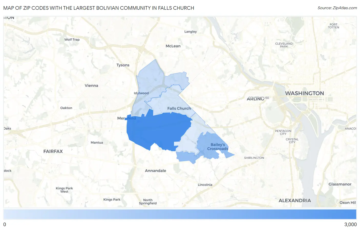 Zip Codes with the Largest Bolivian Community in Falls Church Map