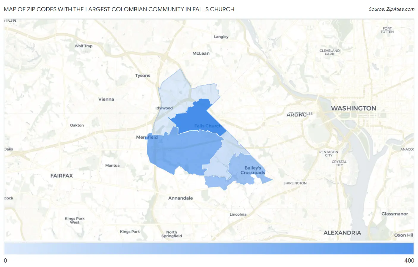 Zip Codes with the Largest Colombian Community in Falls Church Map