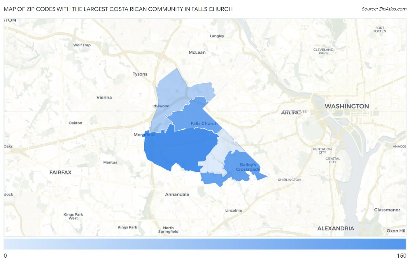 Zip Codes with the Largest Costa Rican Community in Falls Church Map