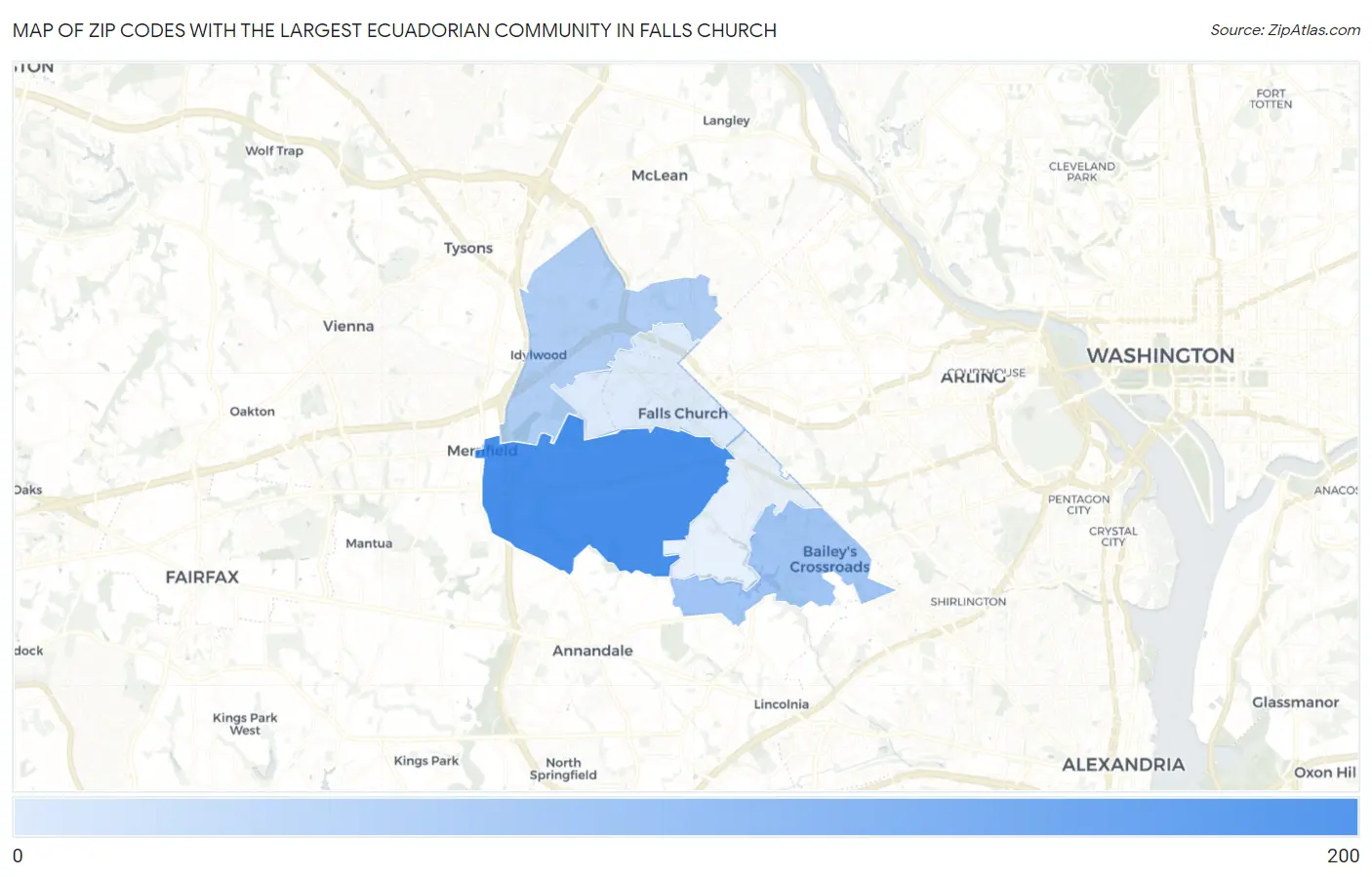 Zip Codes with the Largest Ecuadorian Community in Falls Church Map