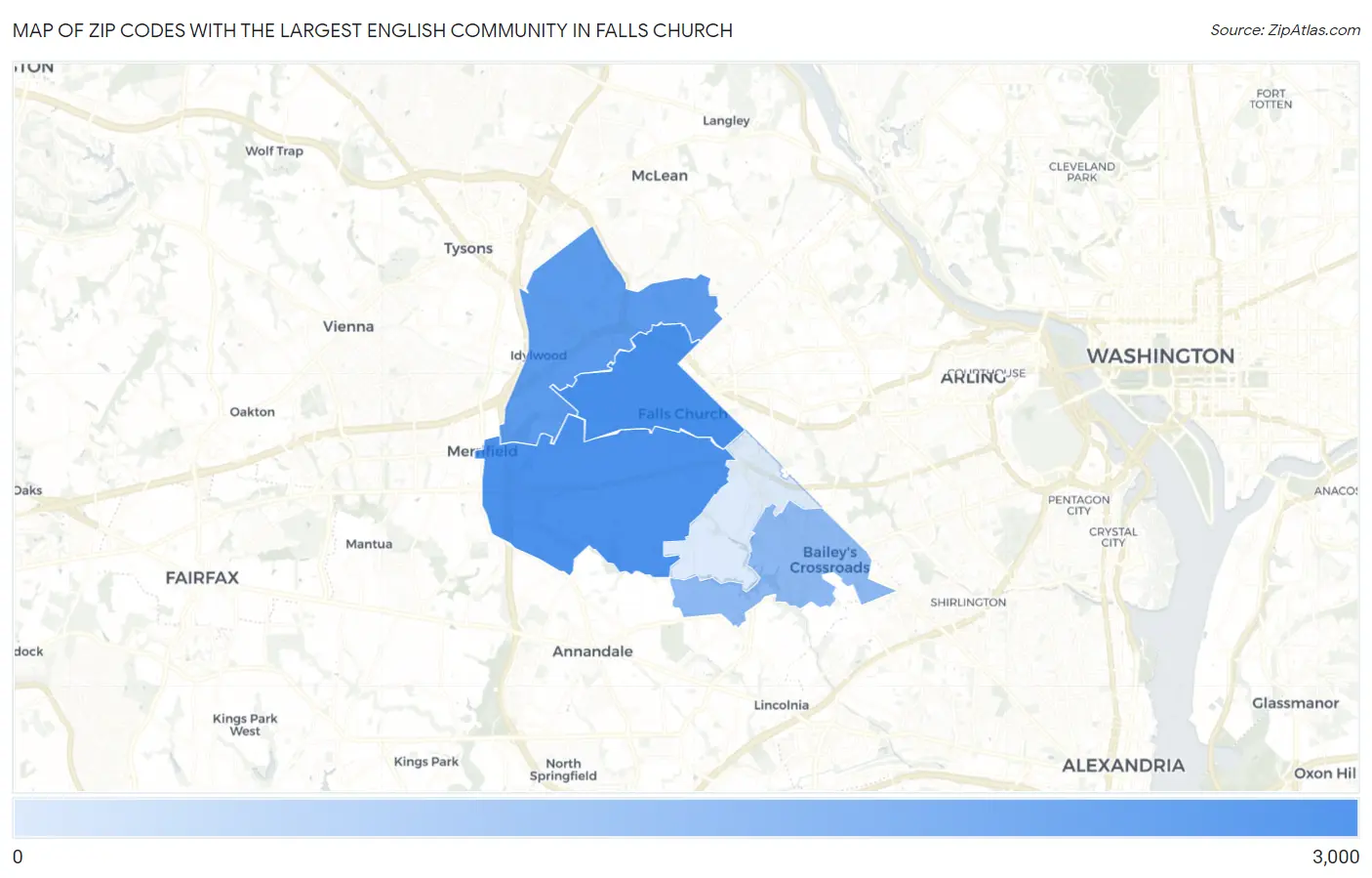 Zip Codes with the Largest English Community in Falls Church Map