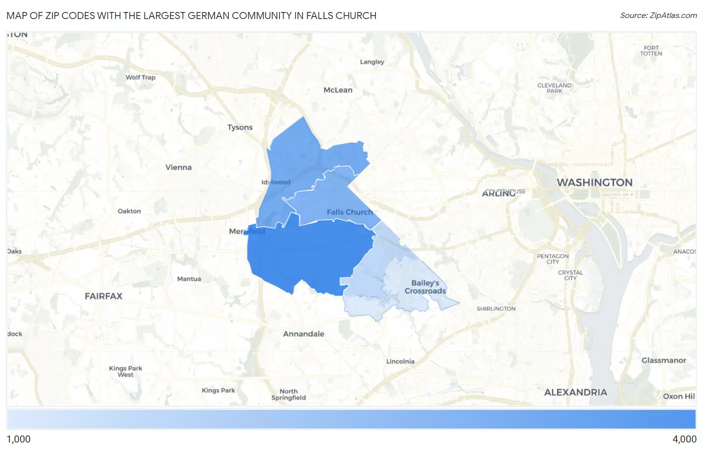 Zip Codes with the Largest German Community in Falls Church Map