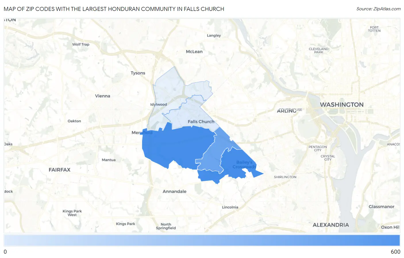 Zip Codes with the Largest Honduran Community in Falls Church Map