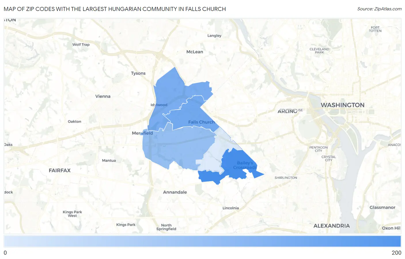 Zip Codes with the Largest Hungarian Community in Falls Church Map