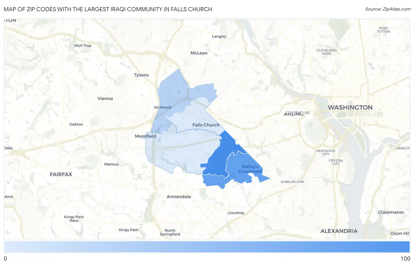 Zip Codes with the Largest Iraqi Community in Falls Church Map