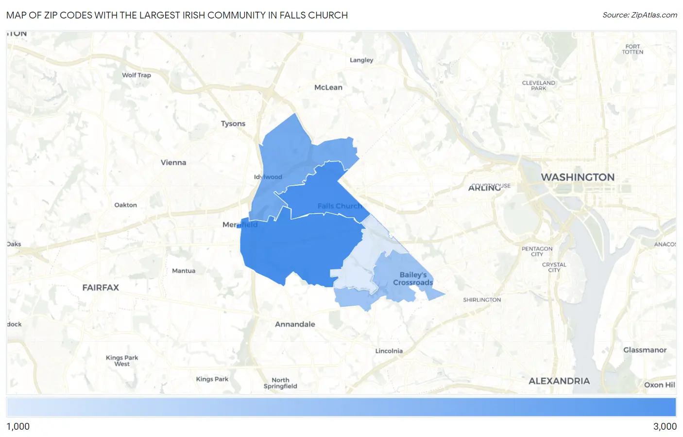 Zip Codes with the Largest Irish Community in Falls Church Map