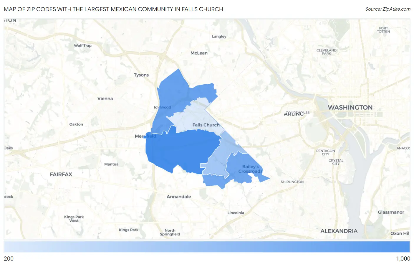 Zip Codes with the Largest Mexican Community in Falls Church Map