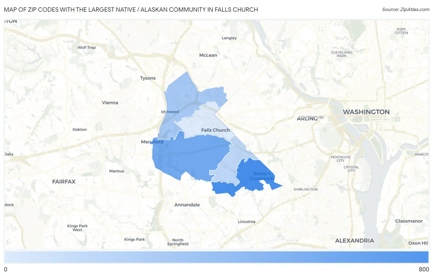 Zip Codes with the Largest Native / Alaskan Community in Falls Church Map