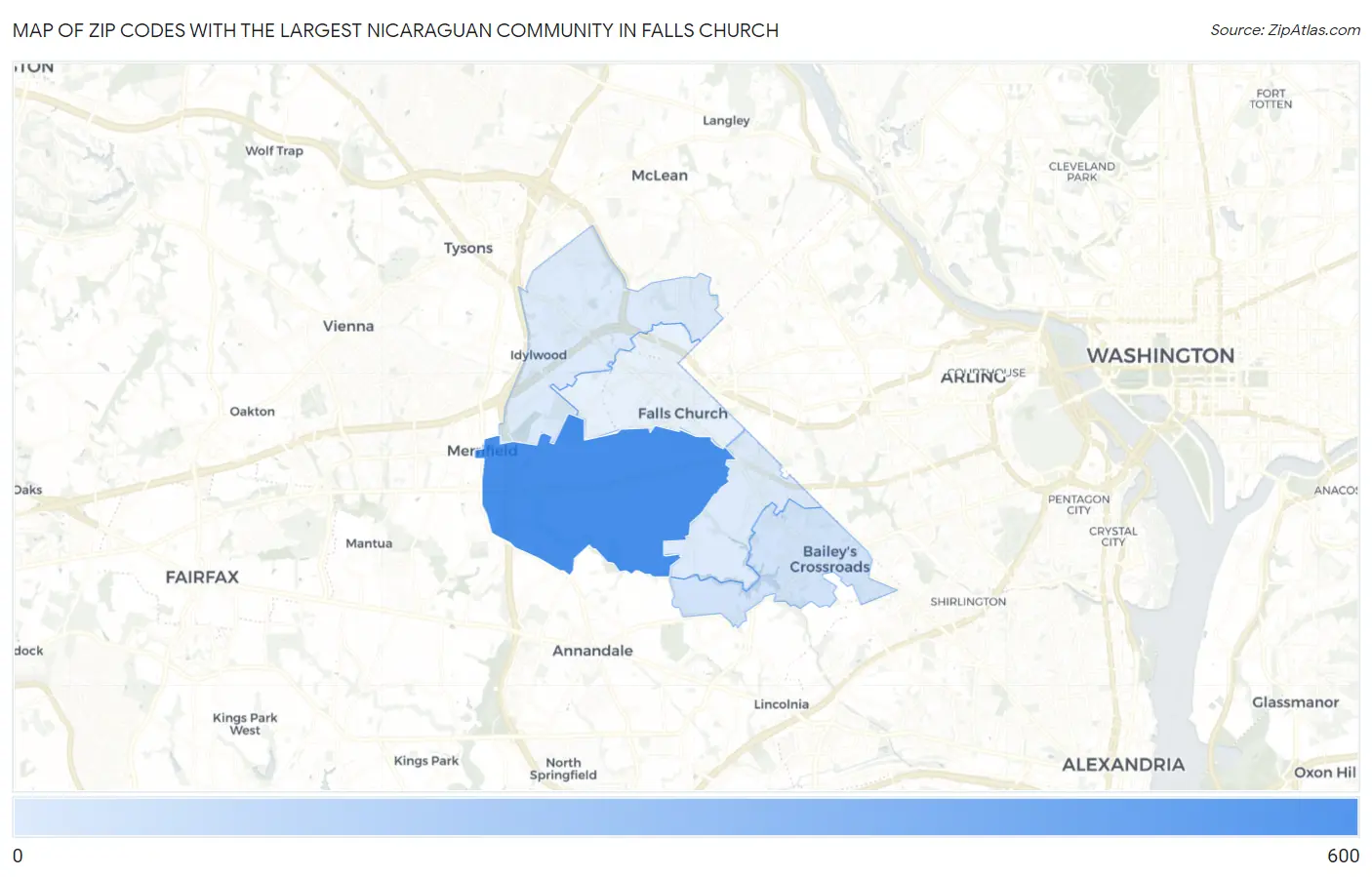 Zip Codes with the Largest Nicaraguan Community in Falls Church Map