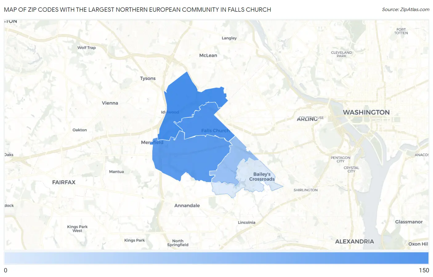 Zip Codes with the Largest Northern European Community in Falls Church Map