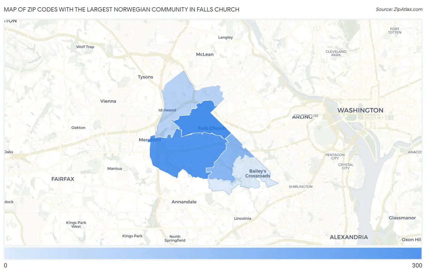 Zip Codes with the Largest Norwegian Community in Falls Church Map