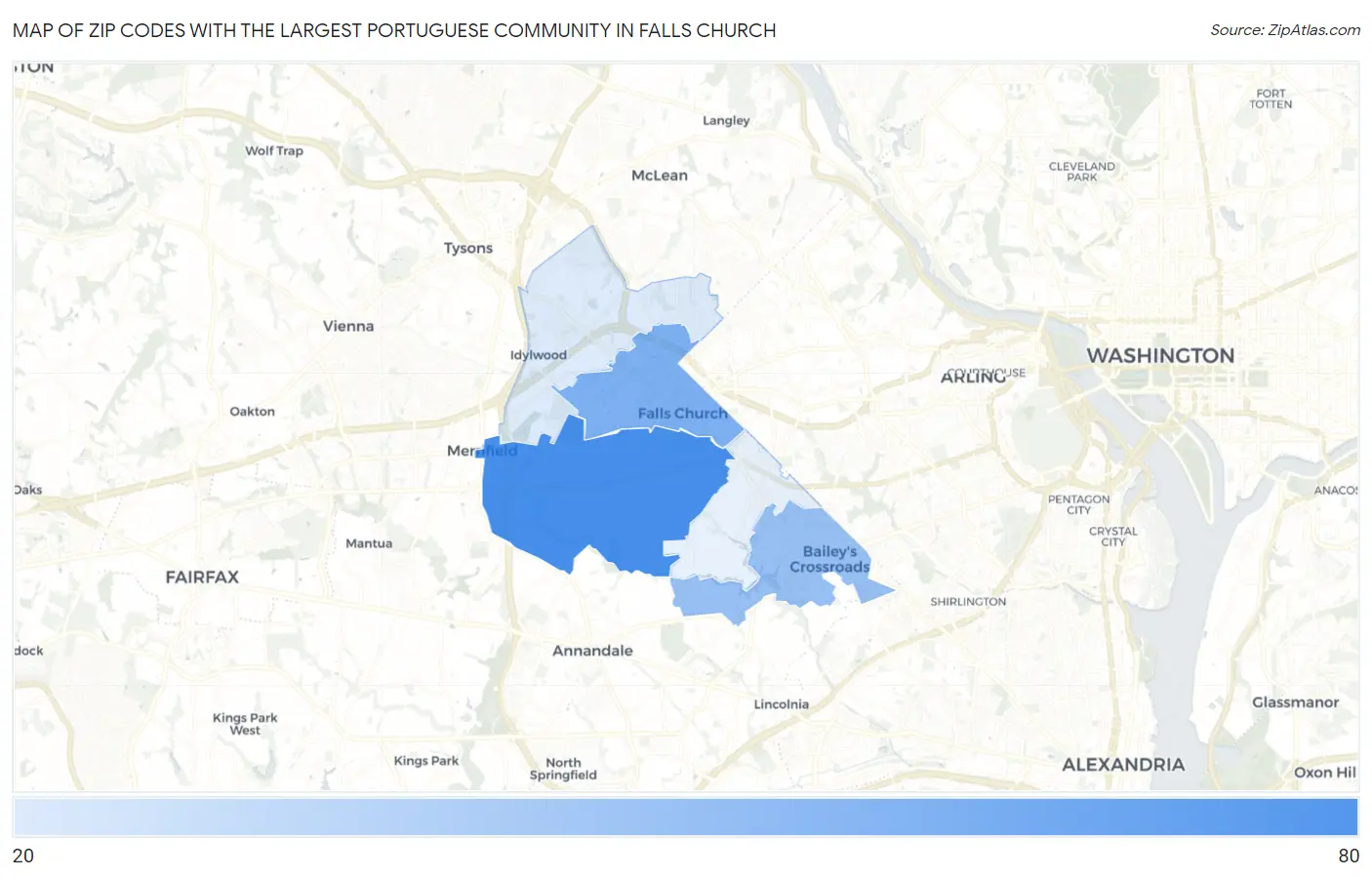 Zip Codes with the Largest Portuguese Community in Falls Church Map
