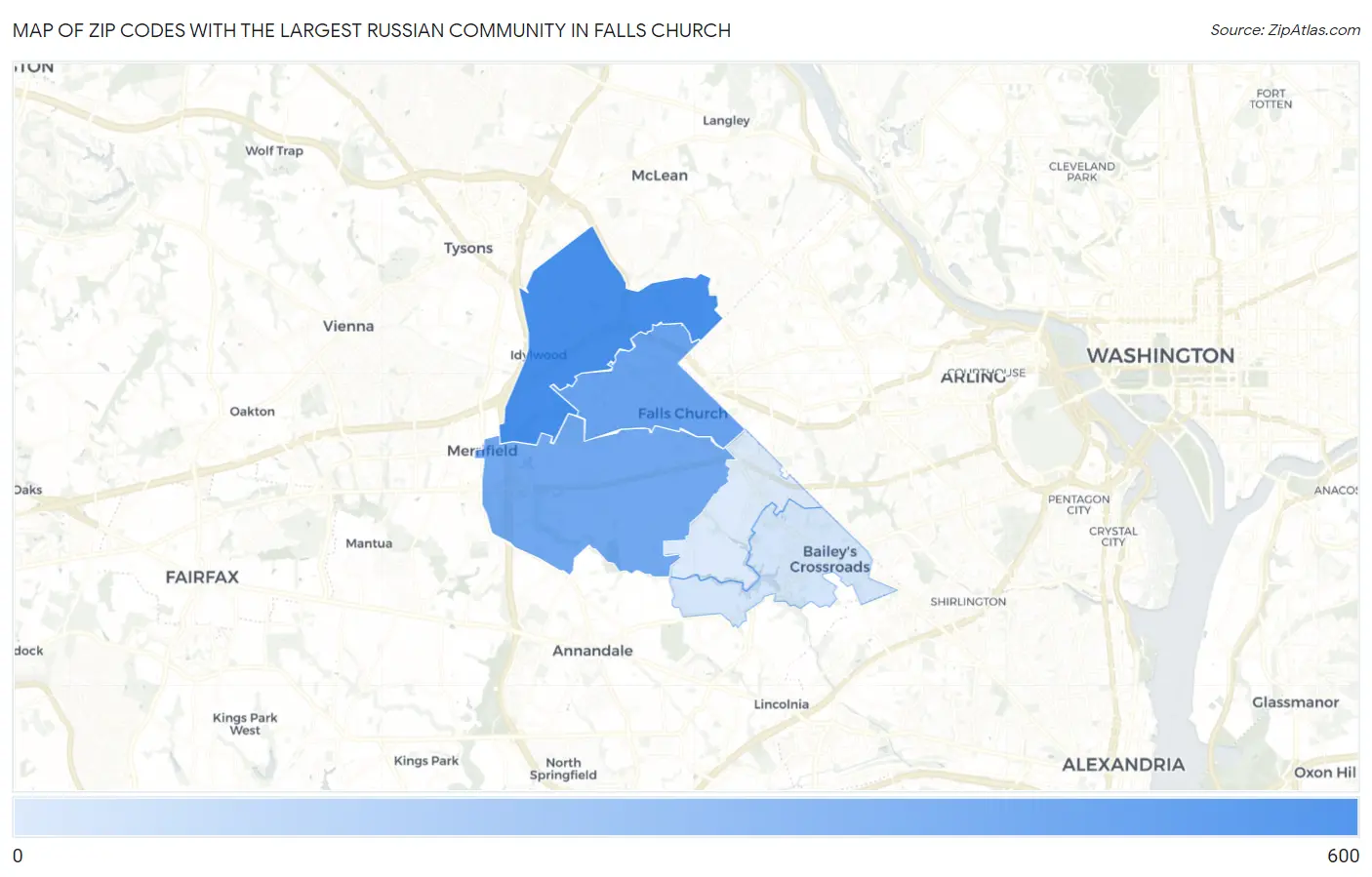 Zip Codes with the Largest Russian Community in Falls Church Map