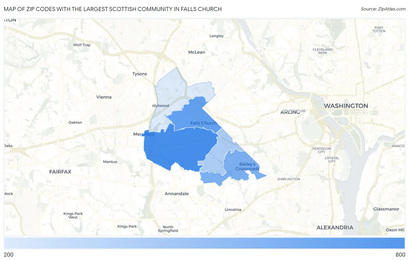 Zip Codes with the Largest Scottish Community in Falls Church Map