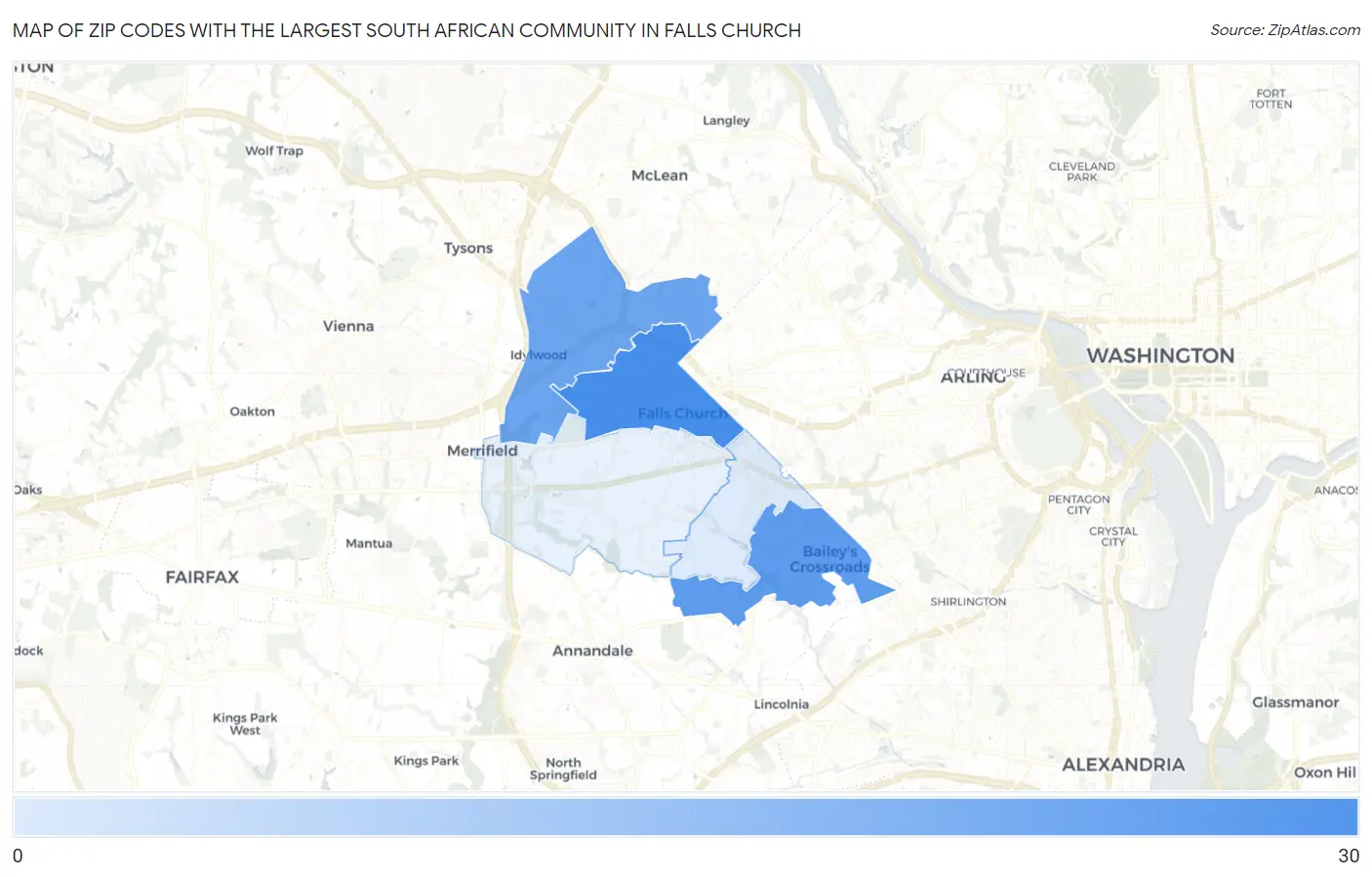 Zip Codes with the Largest South African Community in Falls Church Map