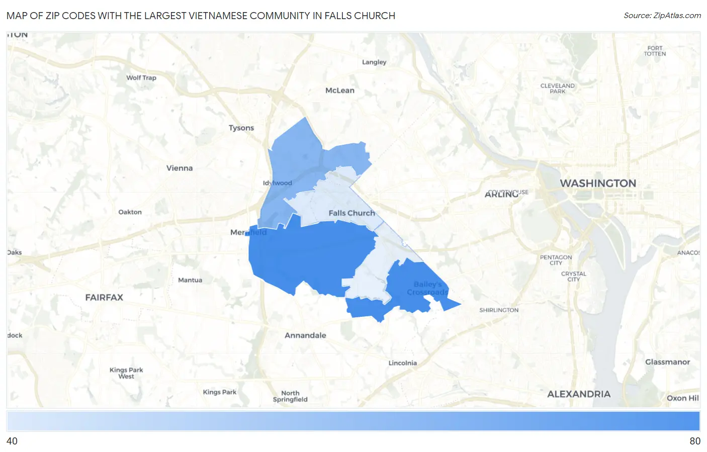 Zip Codes with the Largest Vietnamese Community in Falls Church Map