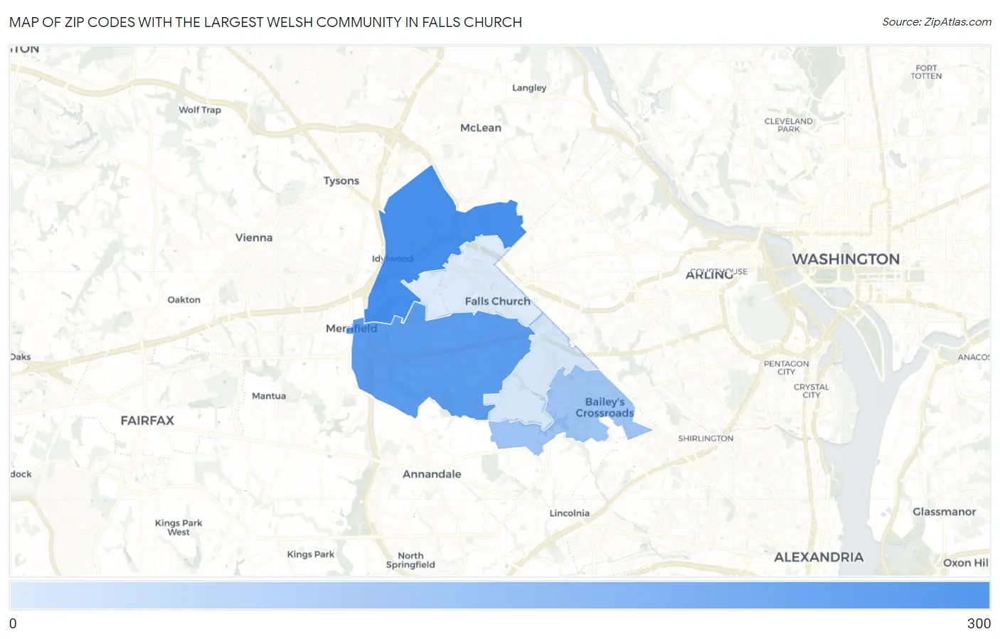 Zip Codes with the Largest Welsh Community in Falls Church Map