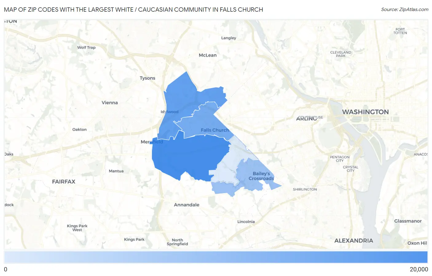 Zip Codes with the Largest White / Caucasian Community in Falls Church Map