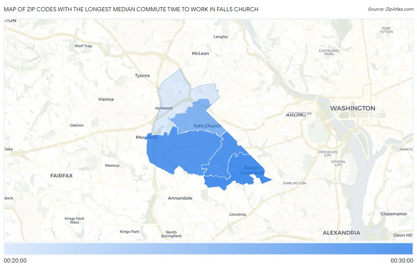 Zip Codes with the Longest Median Commute Time to Work in Falls Church Map