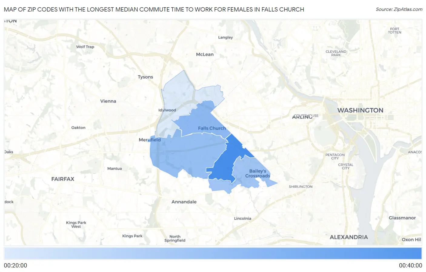 Zip Codes with the Longest Median Commute Time to Work for Females in Falls Church Map
