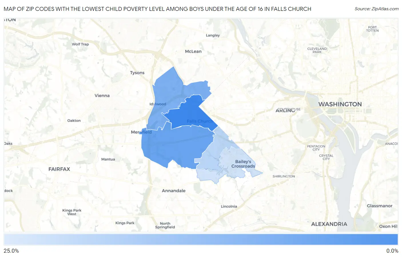 Zip Codes with the Lowest Child Poverty Level Among Boys Under the Age of 16 in Falls Church Map