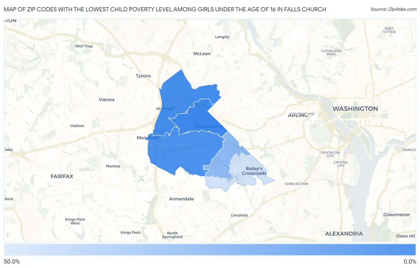 Zip Codes with the Lowest Child Poverty Level Among Girls Under the Age of 16 in Falls Church Map