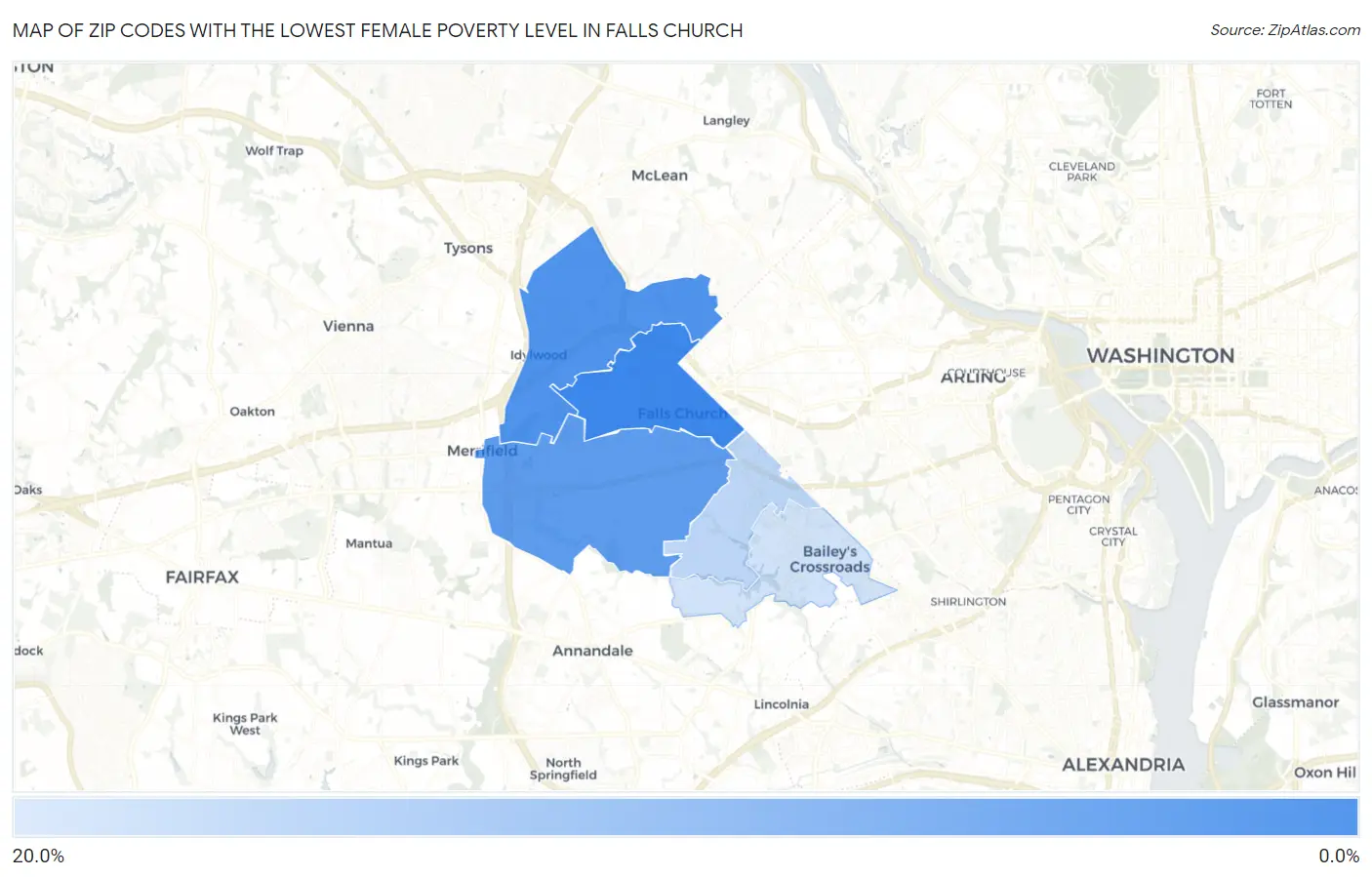 Zip Codes with the Lowest Female Poverty Level in Falls Church Map