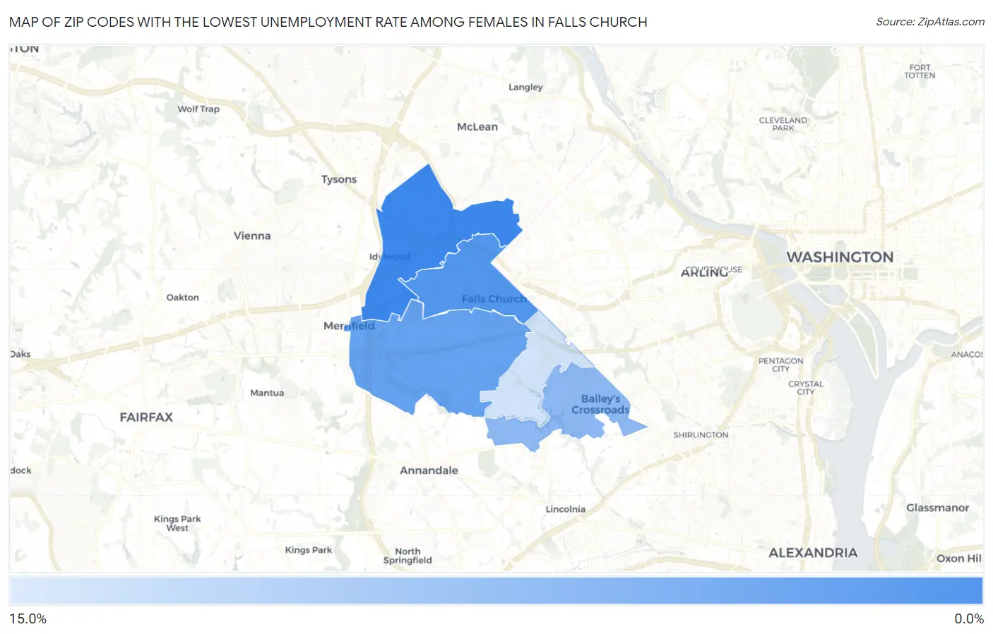 Zip Codes with the Lowest Unemployment Rate Among Females in Falls Church Map