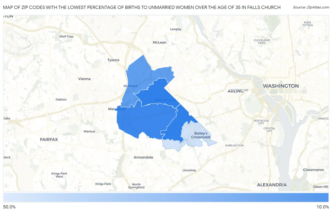 Zip Codes with the Lowest Percentage of Births to Unmarried Women over the Age of 35 in Falls Church Map