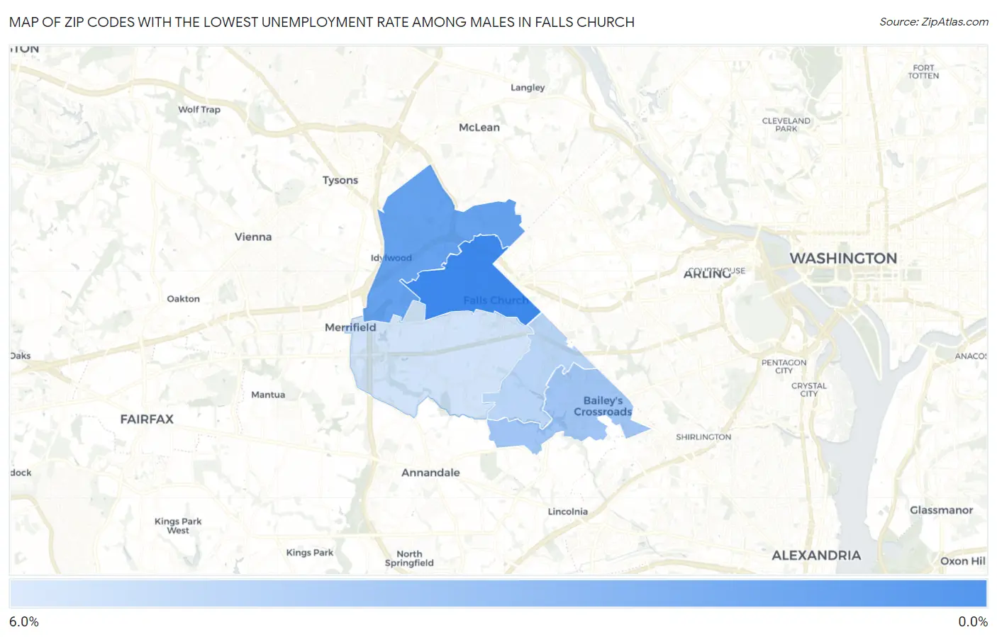 Zip Codes with the Lowest Unemployment Rate Among Males in Falls Church Map