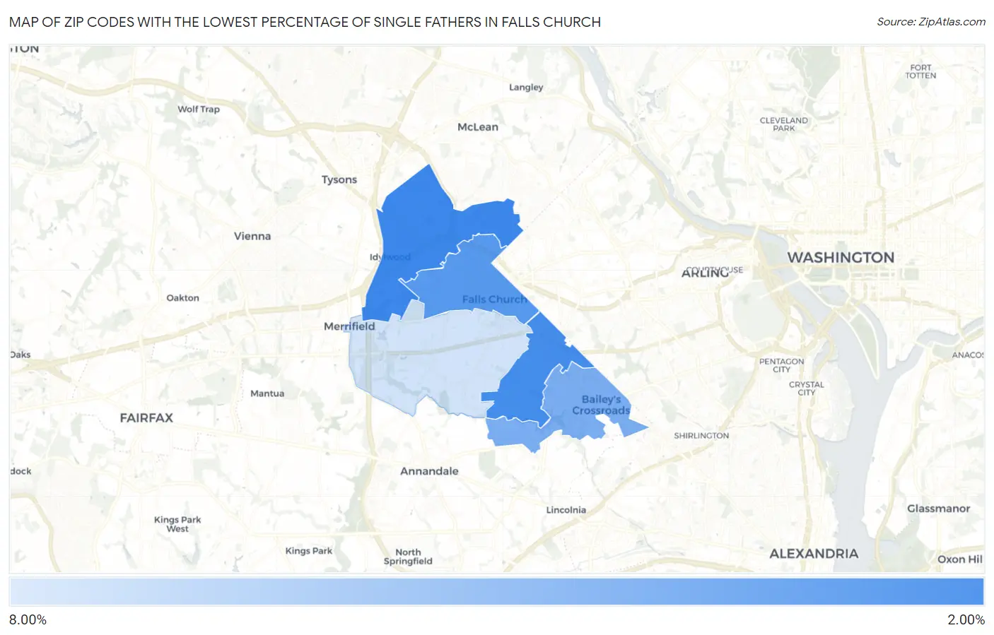 Zip Codes with the Lowest Percentage of Single Fathers in Falls Church Map