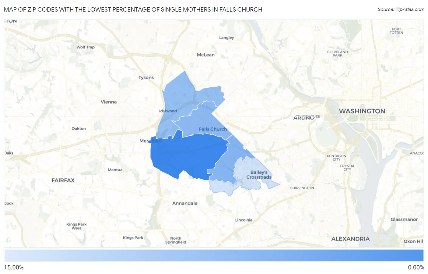 Zip Codes with the Lowest Percentage of Single Mothers in Falls Church Map