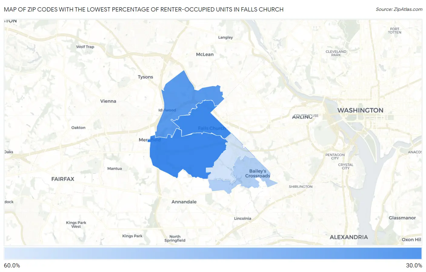 Zip Codes with the Lowest Percentage of Renter-Occupied Units in Falls Church Map