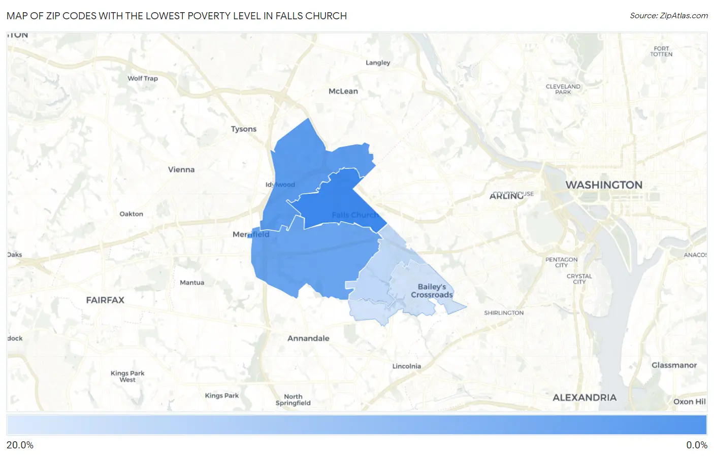 Zip Codes with the Lowest Poverty Level in Falls Church Map