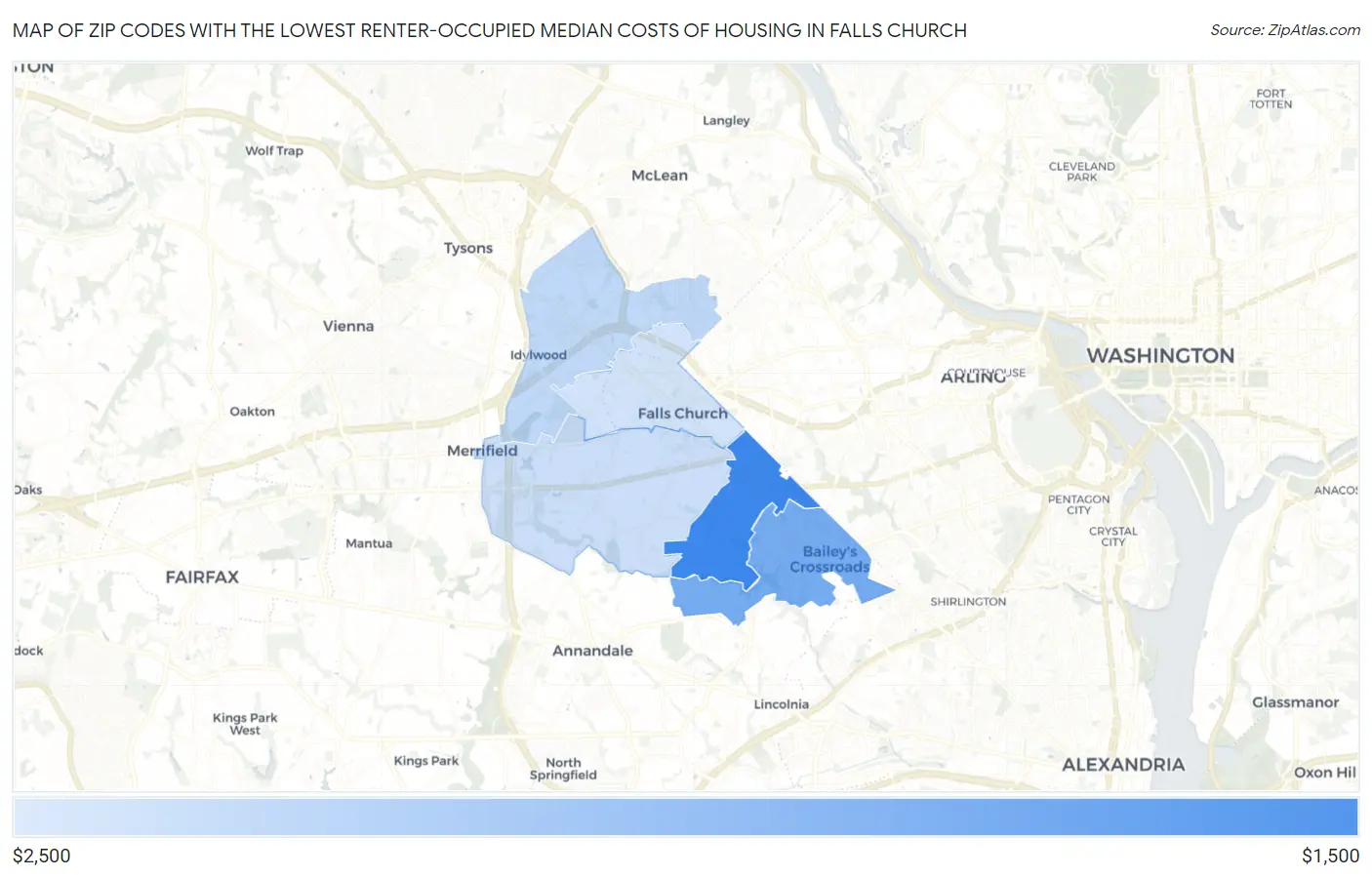 Zip Codes with the Lowest Renter-Occupied Median Costs of Housing in Falls Church Map