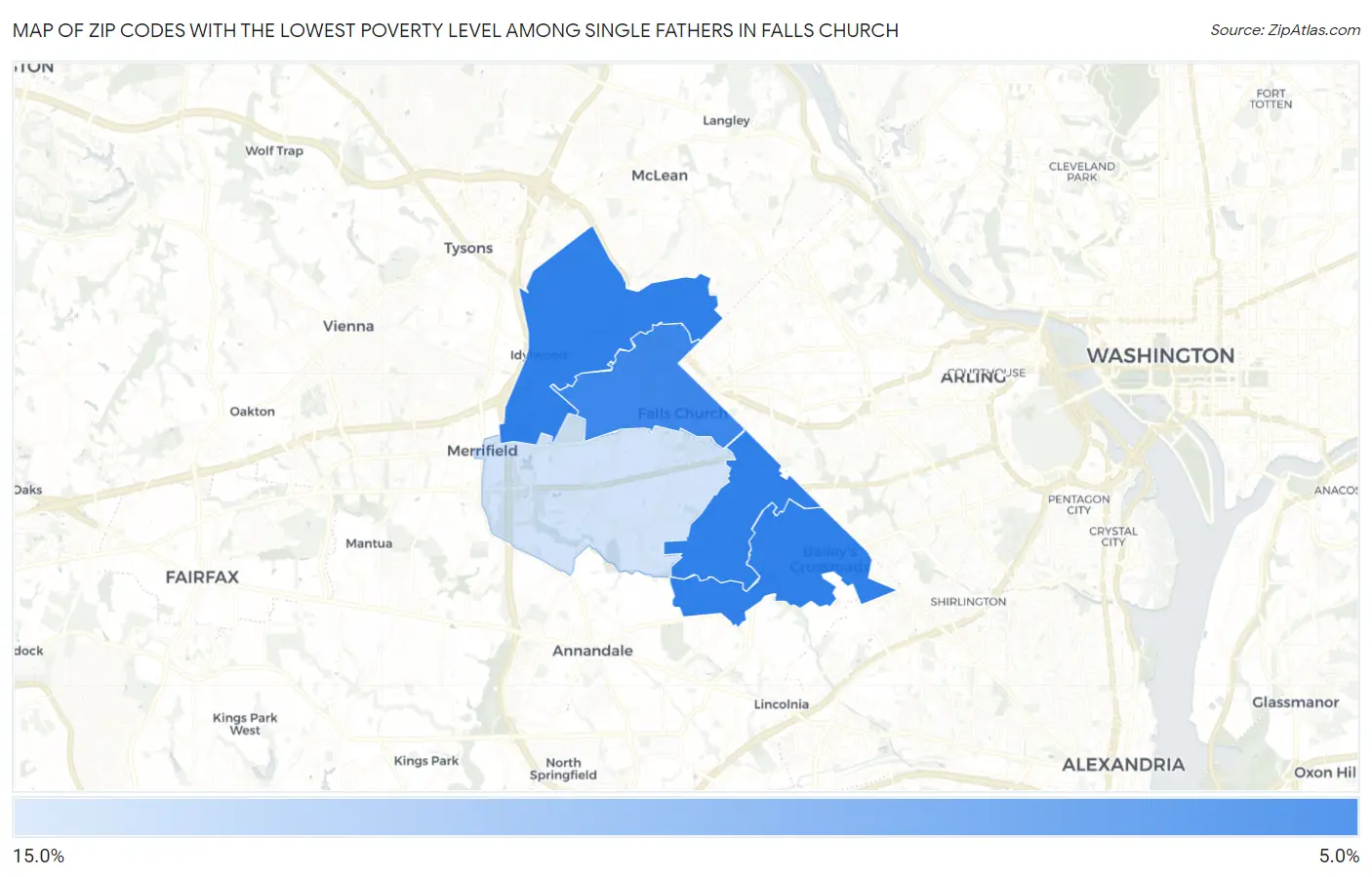 Zip Codes with the Lowest Poverty Level Among Single Fathers in Falls Church Map