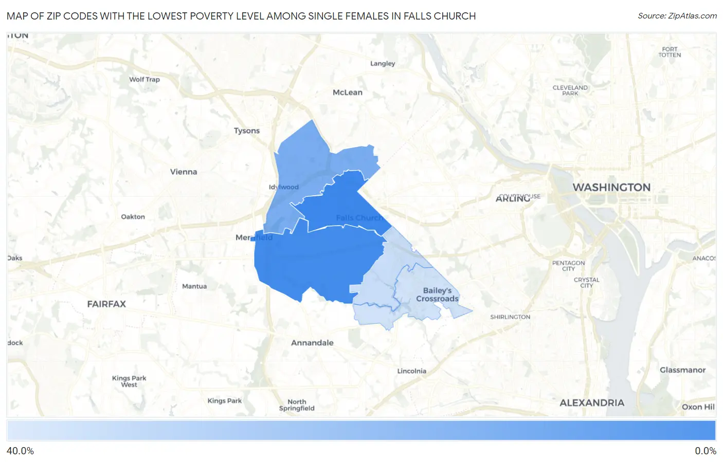 Zip Codes with the Lowest Poverty Level Among Single Females in Falls Church Map