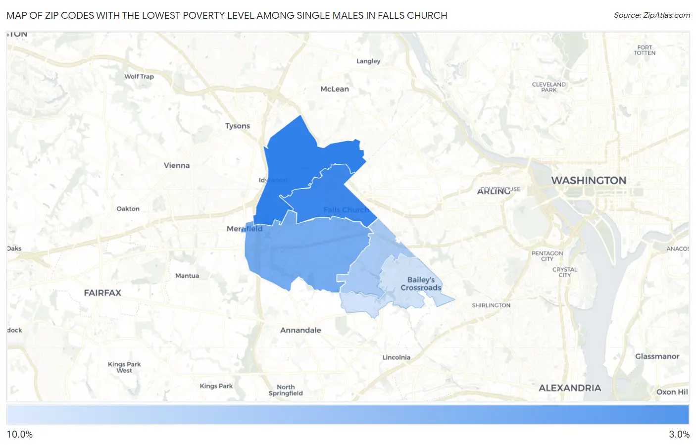 Zip Codes with the Lowest Poverty Level Among Single Males in Falls Church Map