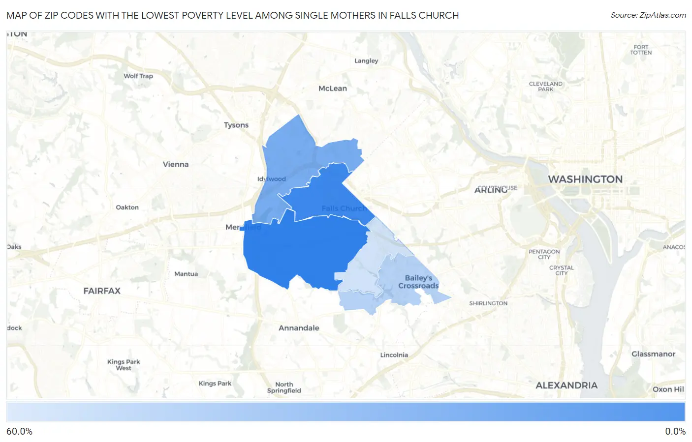 Zip Codes with the Lowest Poverty Level Among Single Mothers in Falls Church Map