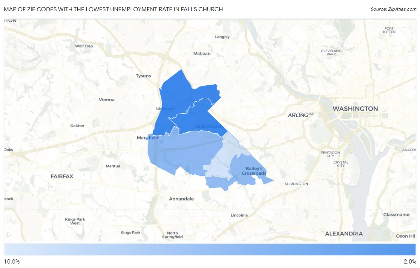 Zip Codes with the Lowest Unemployment Rate in Falls Church Map