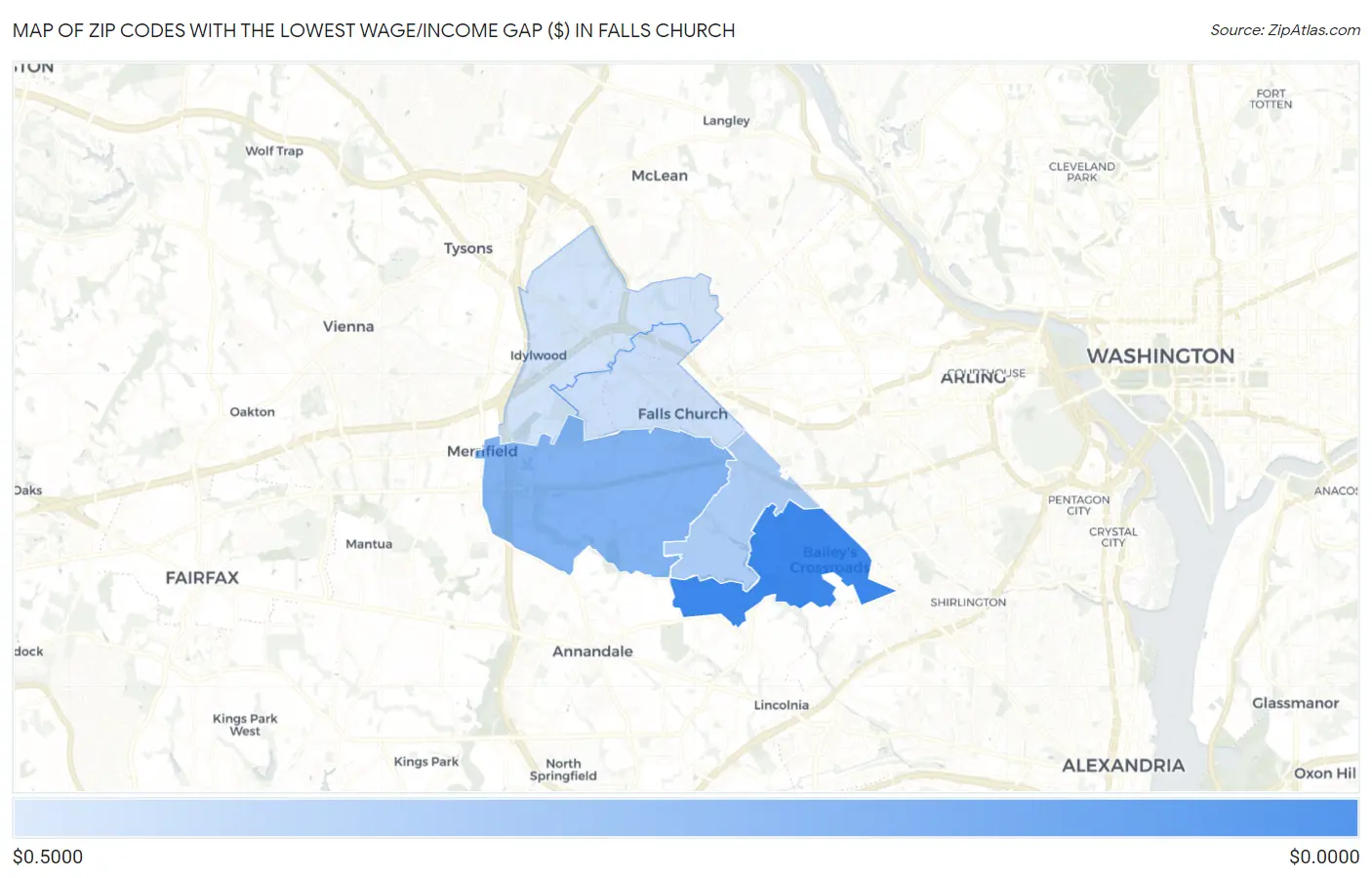 Zip Codes with the Lowest Wage/Income Gap ($) in Falls Church Map